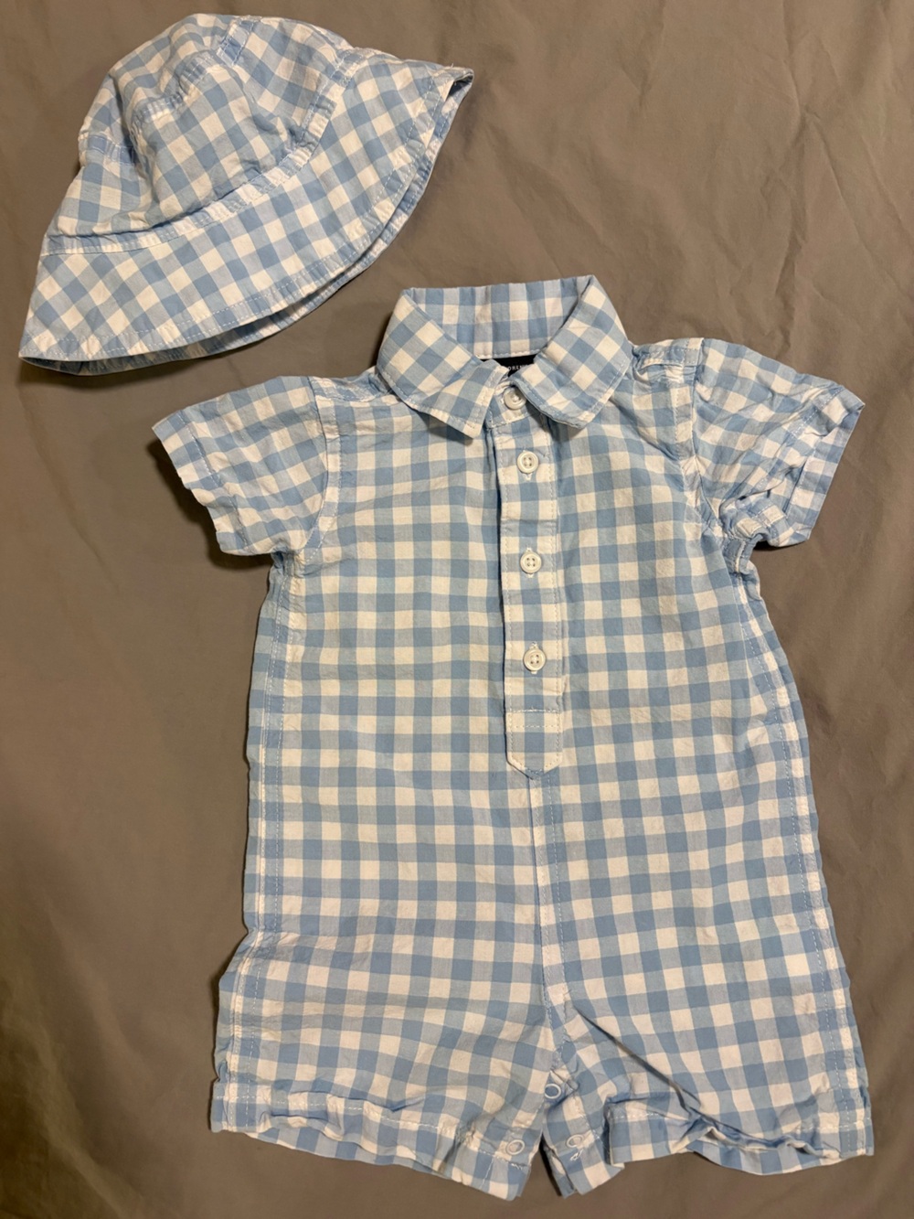 The Children's Place 0-3M Light Blue & White Gingham Romper and Bucket Hat Set